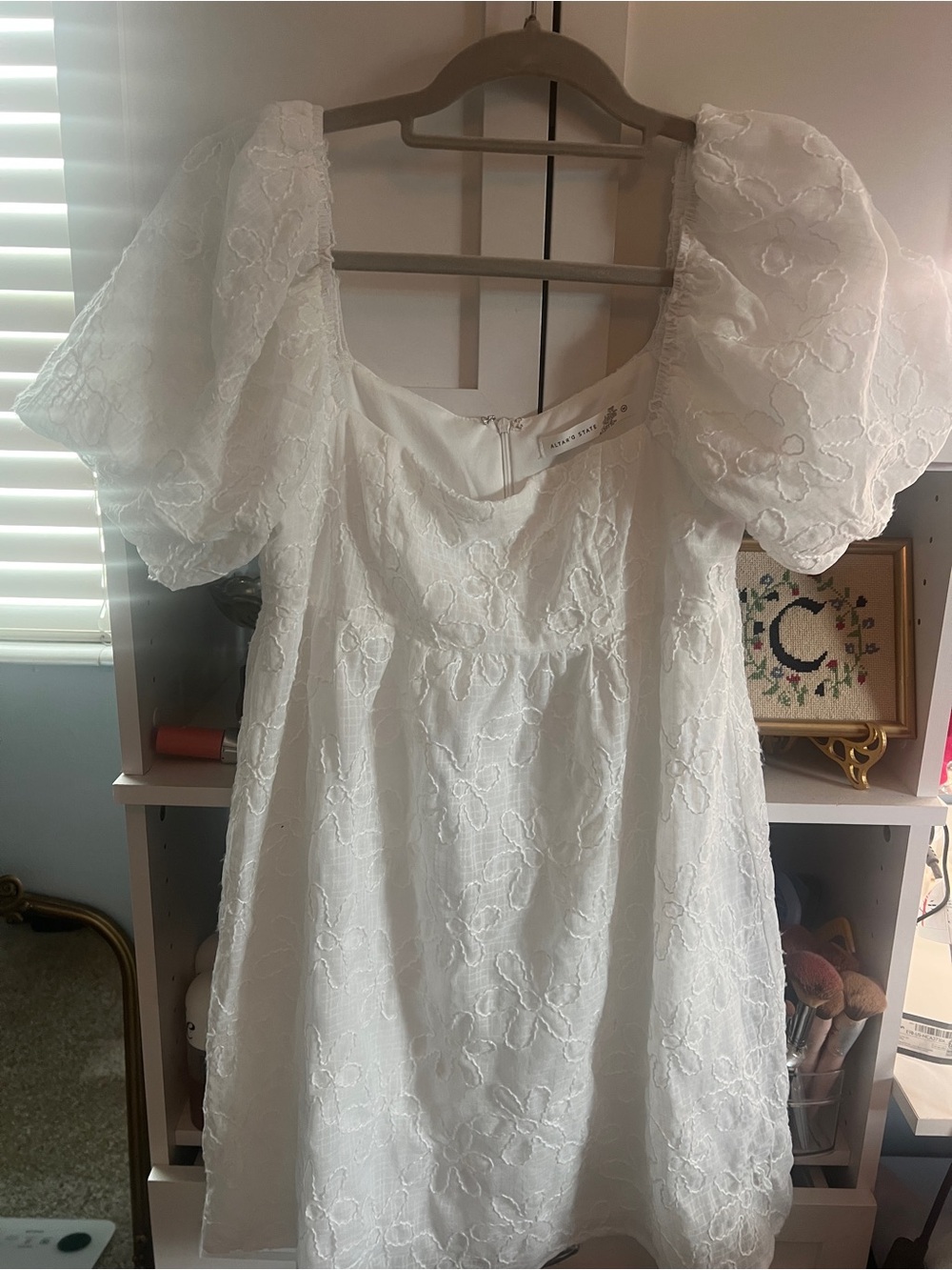 Altar'd State White Puff-Sleeve Embroidered Mini Dress